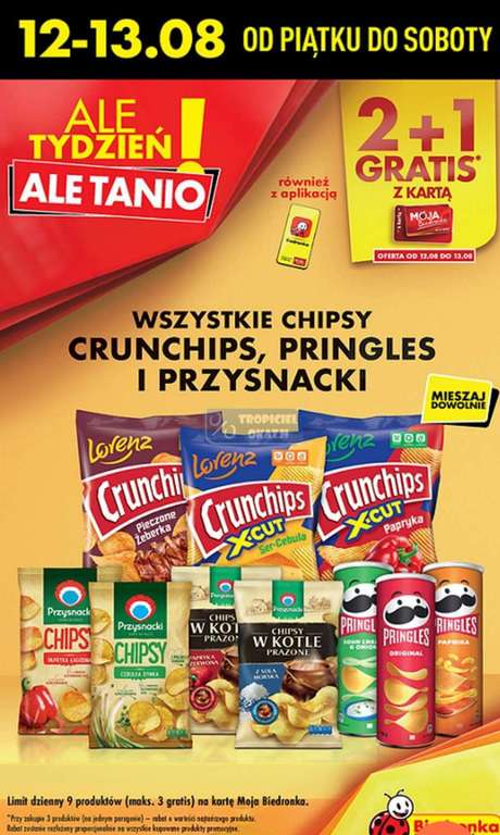 Wszystkie chipsy Crunchips, Pringles, Przysnacki 2+1 GRATIS. Biedronka