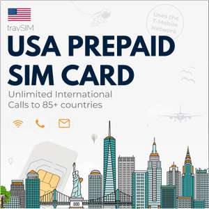 Karta SIM travSIM USA 12 GB danych z prędkością 4G/5G. Nielimitowane połączenia lokalne i SMS-y oraz połączenia międzynarodowe do 85 krajów.