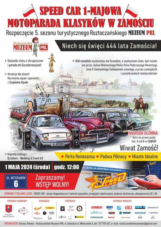 Parada zabytkowych pojazdów PRL i z lat 90-tych: Fiat 125p i 126p, Wołgi, Moskwicze, Zastavy, Tarpany, Polonezy z Zamościa do Szczebrzeszyna