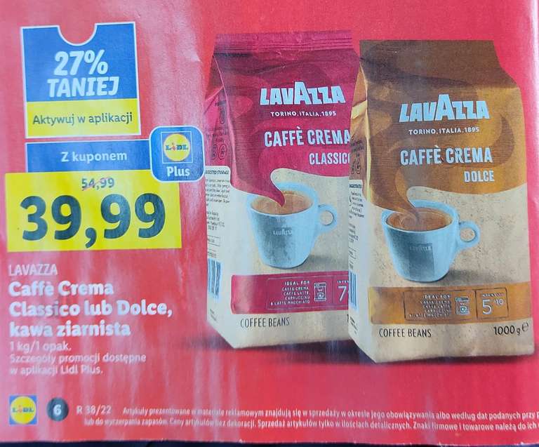 Kawa Lavazza Caffe Crema Classico / Dolce 1kg Lidl