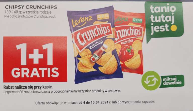Chipsy Crunchips 130-140 g 1+1 gratis (cena za 1szt. przy zakupie 2szt.)