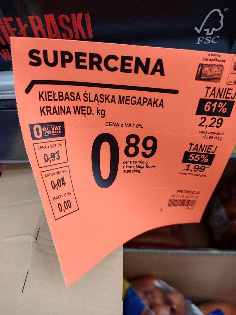 Biedronka kiełbasa Śląska 8,9pln/kg (z kartą lub aplikacją Moja Biedronka)