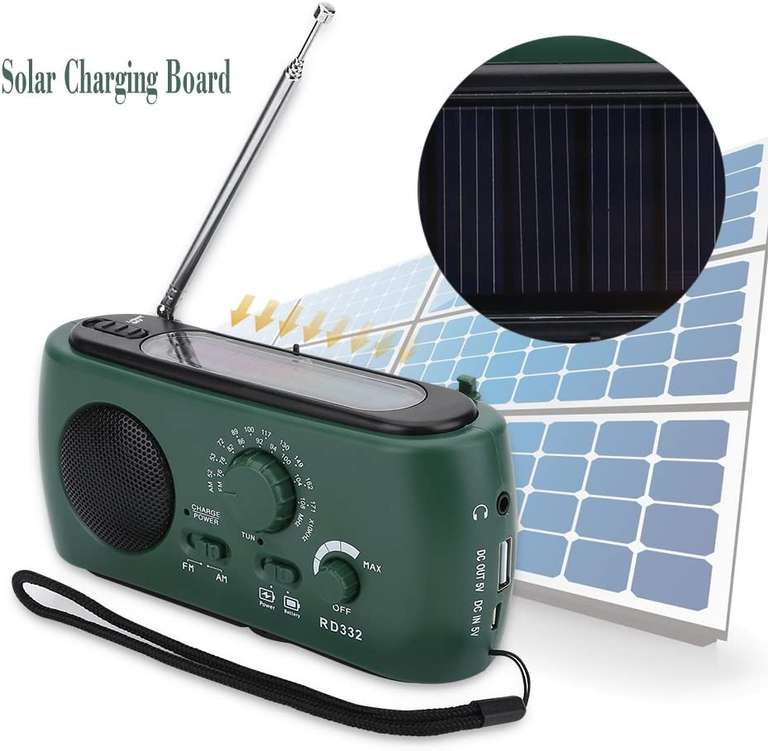 Radio na korbkę, z ładowaniem solarnym, z latarką LED, powerbankiem