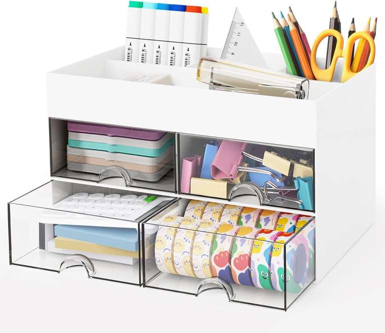 Ambolio Organizer na biurko, wielofunkcyjny, z 4 szufladami, z tworzywa sztucznego, do biura, domu, szkoły (biały)