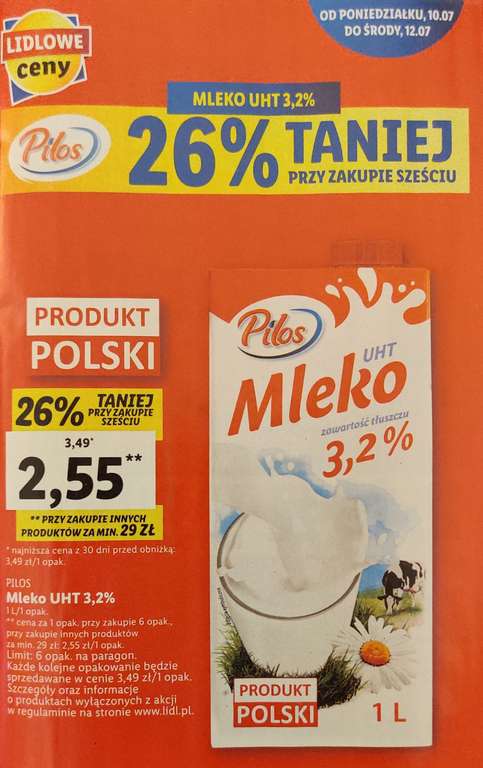 Mleko Pilos UHT 3,2% w opakowaniu 1L. LIDL