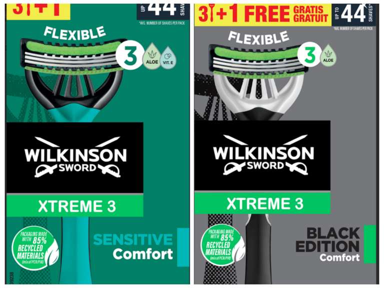 4 szt. WILKINSON SWORD Sensitive Xtreme 3 Black Edition lub zielone, maszynki do golenia, 3-ostrzowe, jednorazowe, dla mężczyzn