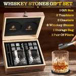 Zestaw prezentowy - 2 szklanki do whisky o pojemności 250ml, 8 kamieni, szczypce, 2 podstawki, woreczek i drewniane pudełko