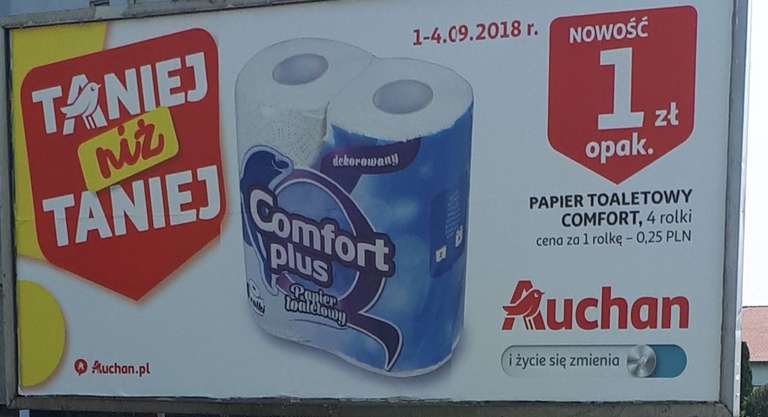 Papier toaletowy comfort 4 rolki Auchan cena szt 0.25 gr !
