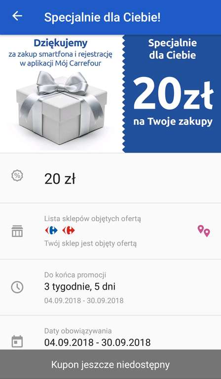 20 zł na zakupy MWZ 25 zł w aplikacji Carrefour (dla osób które nabyły smartfon)