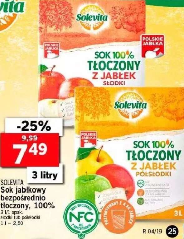 Solevita 3L sok 100% tłoczony (NFC) z polskich jabłek słodkich lub półsłodkich (2,50zł/L) @ Lidl