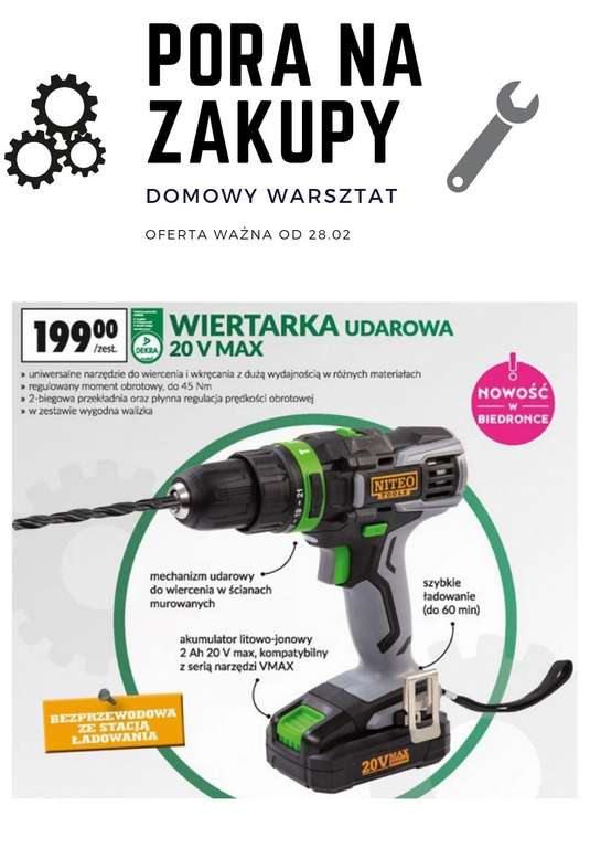 Niteo tools Wiertarko wkretarka z udarem 45Nm! @ Biedronka