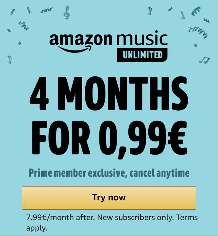 Amazon Music Unlimited - 4 miesiące za 0,99€ (4,22zł)