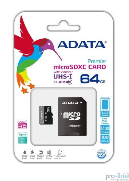 Karta pamięci ADATA microSDXC UHS-I 64GB + Adapter @Proline.pl