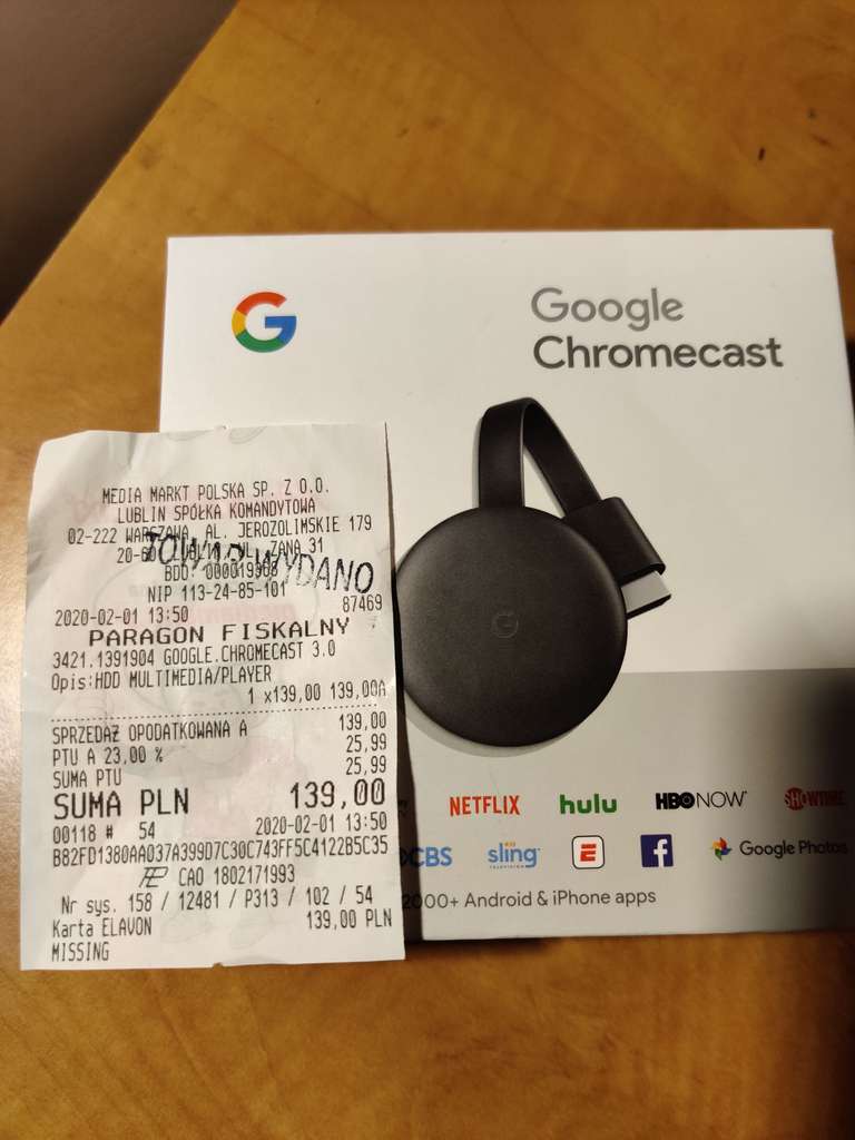 Google Chromecast 3.0 (Oryginalne pudełko)