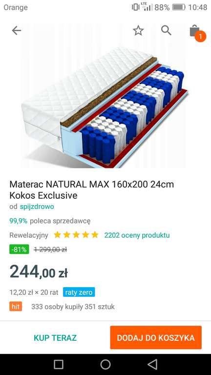 Materac NATURAL MAX 160x200 24cm Kokos Exclusive