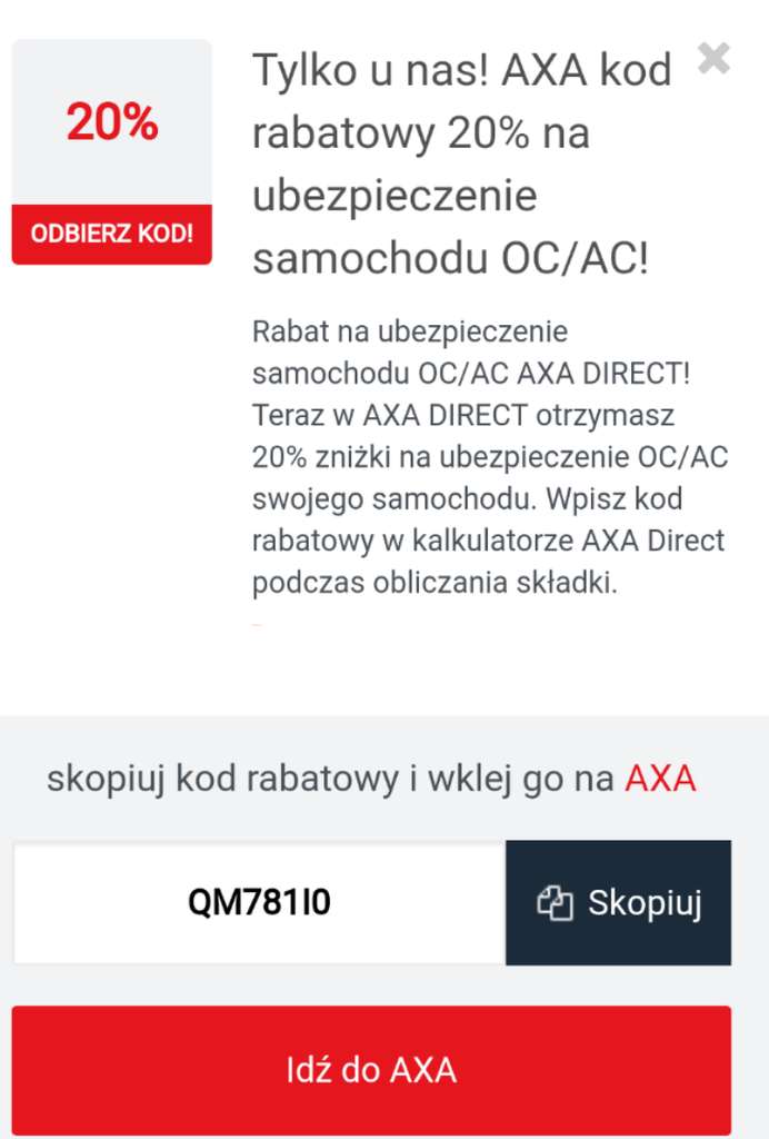 Znizka 20 na ubezpieczenie OC/AC w Axa Direct + Mbank 15