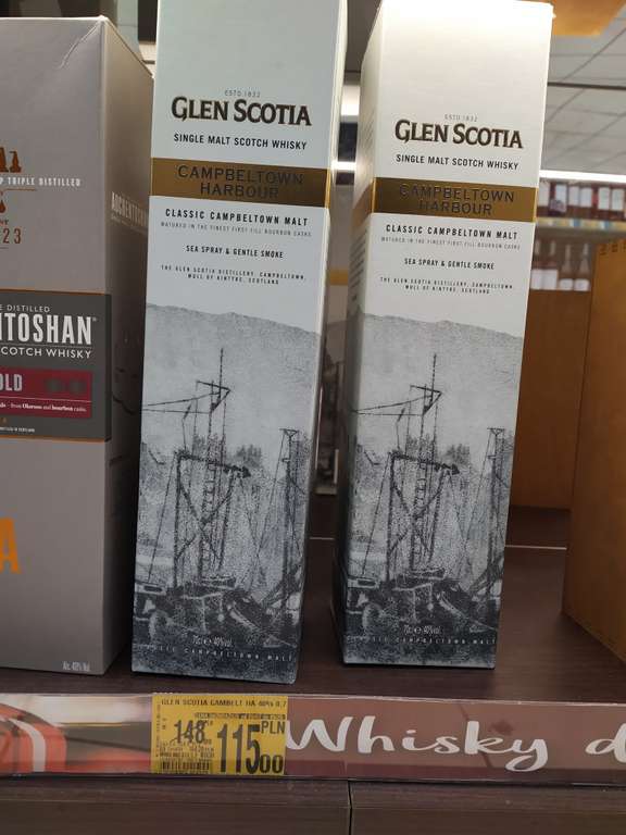 Whisky Benromach 10yo (150zł) Peat Smoke (160zł), Glen Scotia (115zł), Glen Moray (105zł), Clynelish 14yo (180zł), Glenrothes Auchan Bonarka