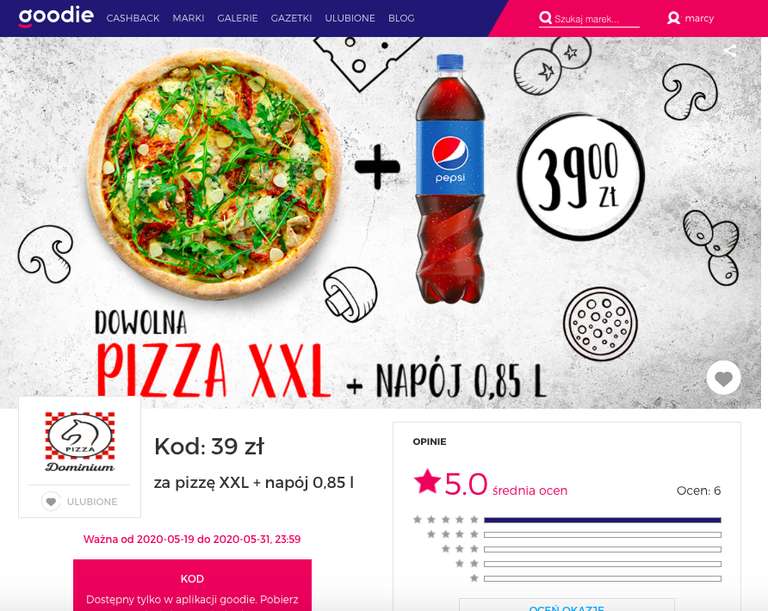 goodie: kod 39 zł za pizzę XXL + napój 0,85l w Pizza Dominium