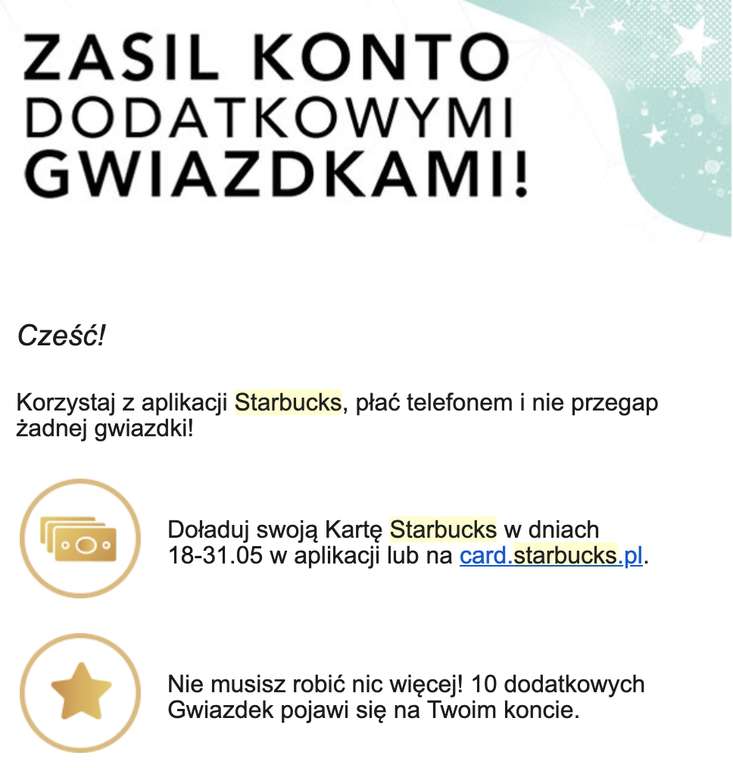 10 dodatkowych gwiazdek Starbucks Rewards po doładowaniu online