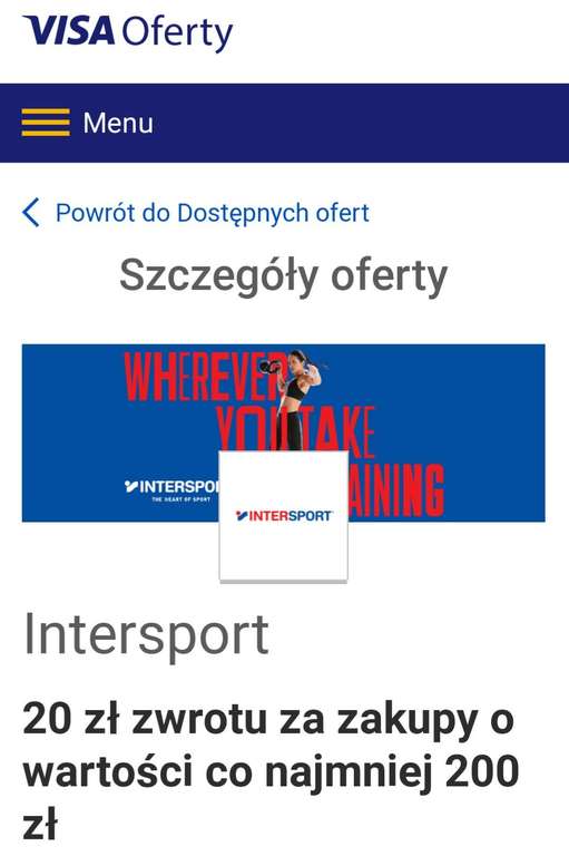 Visa oferty Intersport 20 zł zwrot za zakupy o wartości co najmniej 200 zł