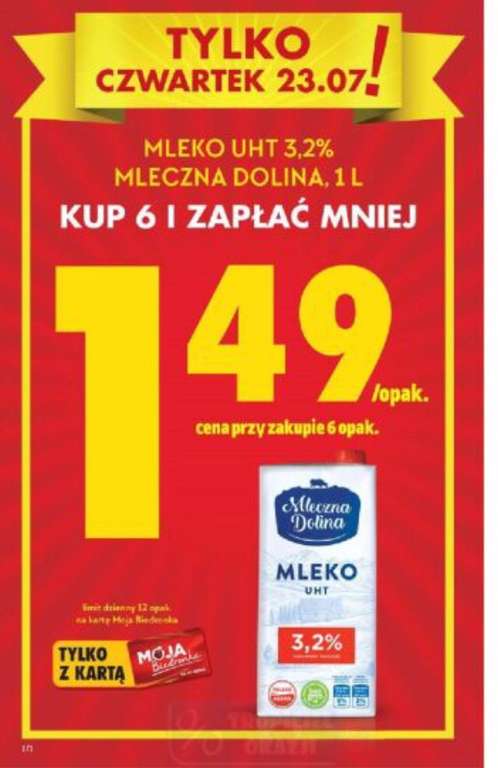 Mleko UHT 3,2% 1l po 1,49 zł przy zakupie 6 opak. @biedronka