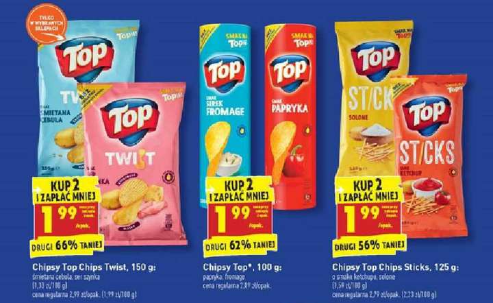 Chipsy Top w tubie 100g, Top Sticks oraz Twist. Biedronka