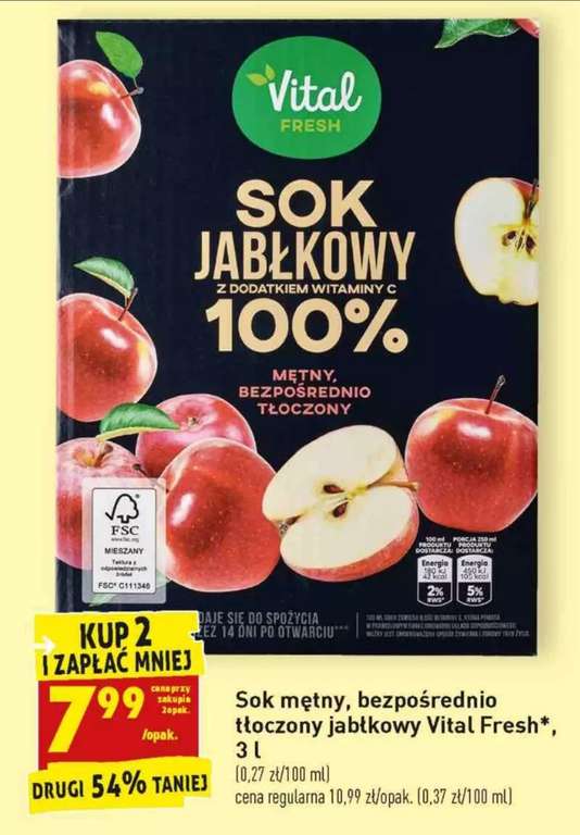 Sok Jabłkowy 100% tłoczony Vital Fresh 3L przy zakupie 2szt. i inne soki @Biedronka