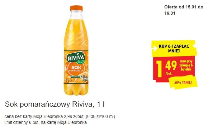 Sok Pomarańczowy Riviva 1l za 1.49zł przy zakupie 6szt - Biedronka