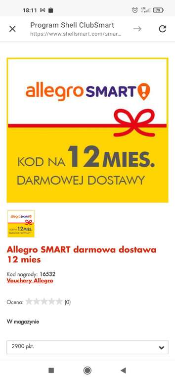 Allegro Smart 12 miesięcy za punkty Shell Clubsmart(2900 pkt.) dostępne również inne vouchery