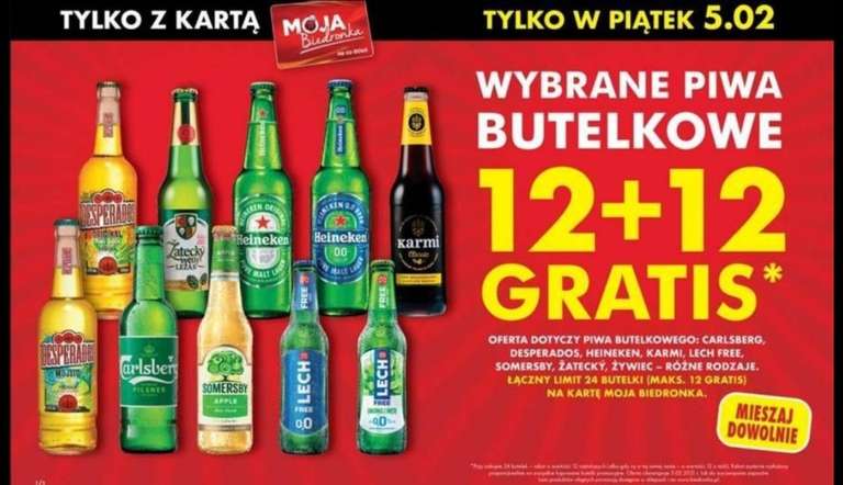 Wybrane piwa butelkowe 12+12 gratis w Biedronce