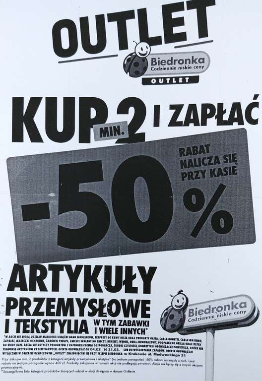 Otwarcie Outlet Biedronka Kraków -50% na przemysłowe i tekstylia przy zakupie 2 szt.