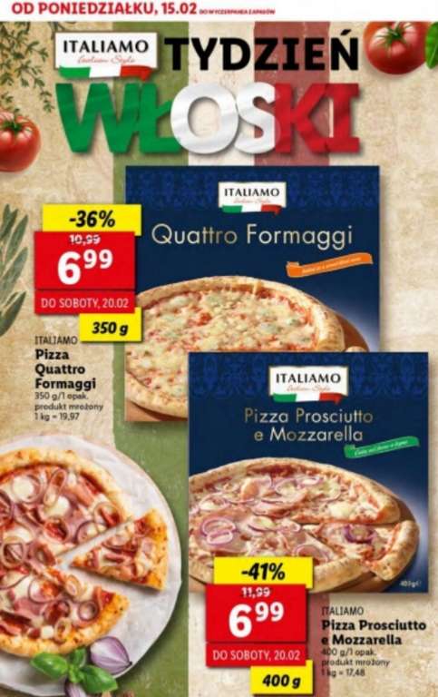 Pizza ITALIAMO: Prosciutto e Mozzarella 400g lub Quattro Formaggi 350g. Lidl