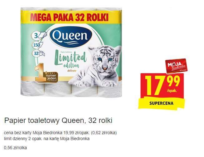 Papier Toaletowy Queen 32 rolki MEGA PAKA (0.56zł/rolka) z kartą - Biedronka