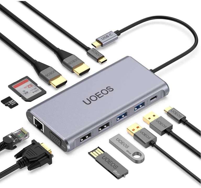 Uoeos HUB USB C, stacja dokująca 12 w 1, 2x4K HDMI, 1080p VGA, 100W PD, RJ45, 2x USB 3.0, czytnik kart, stacja dokująca USB C