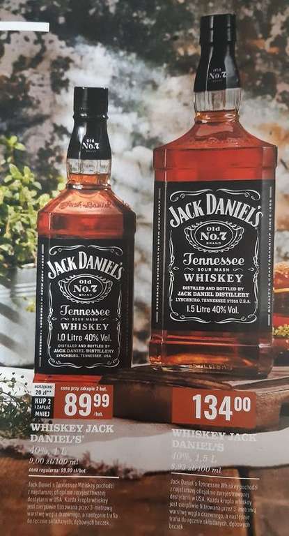Jack Daniel's - 1L za 89,99zł/butelka przy zakupie 2 sztuk (2L za 179,98); 1,5L za 134 zł @Biedronka