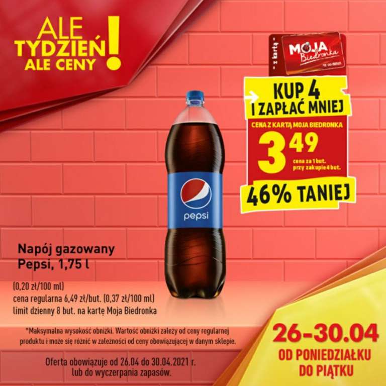 Pepsi 1,75 l 3,49 zł przy zakupie 4 szt. - Biedronka