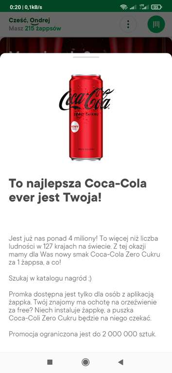 Coca-Cola 200ml bez cukru za 1 żappsa
