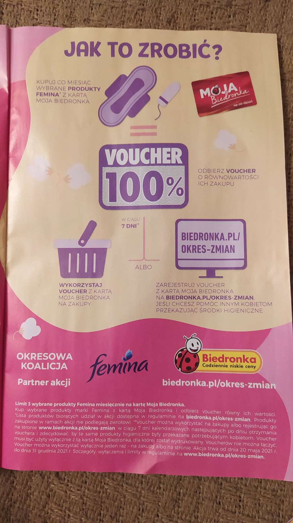 Biedronka: voucher 100% za produkty Femina (podpaski itp)