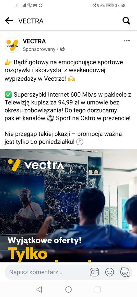 Vectra TV 4K Platynowy 178 + Internet 600/60 + Filmbox + Ero/Sport (bez okresu)