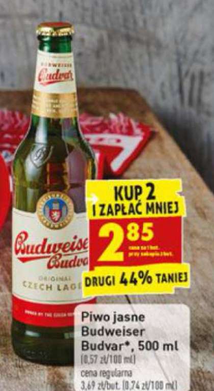 Piwo Budweiser Budvar 0.5L po 2.89 przy zakupie 2 szt w Biedronce