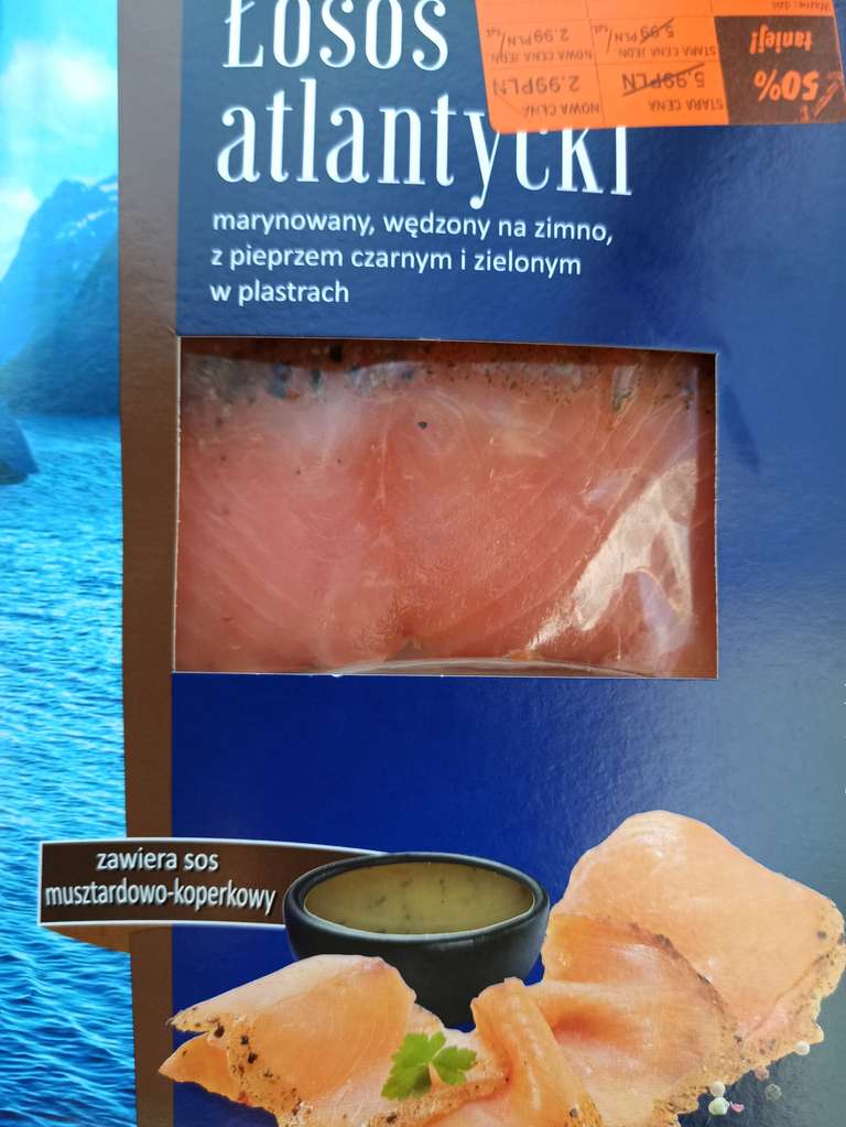 Lidl Łosoś atlantycki marynowany, wędzony na zimno z przyprawami 100g + 20g sos. Lokalnie możliwe dodatkowe -50%