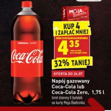 Coca cola, coca cola zero 1.75L 4,35 zł Biedronka przy zakupie 4szt.