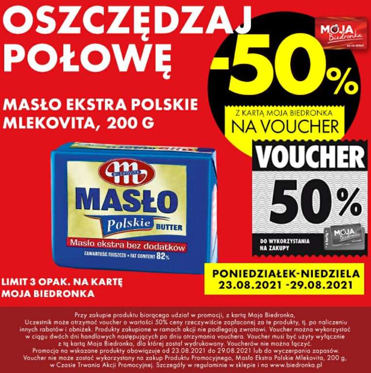 Biedronka Masło Ekstra Polskie Mlekovita 200g, voucher 50%