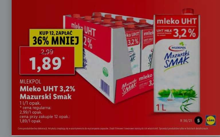 Mleko UHT 3,2% w kartonie, 1.89zl przy zakupie 12sztuk @Lidl