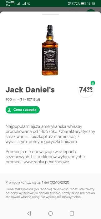 Jack Daniel's w Żabka 0.7L / 74.99