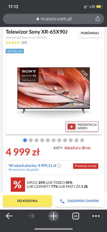 Telewizor Sony XR-65X90J ( za 4499,11zł na raty)