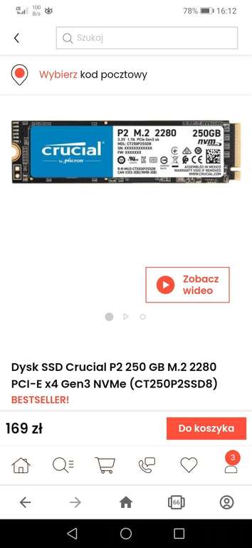 Dysk SSD Crucial P2 250 GB M.2 2280 PCI-E x4 Gen3 NVMe (CT250P2SSD8)