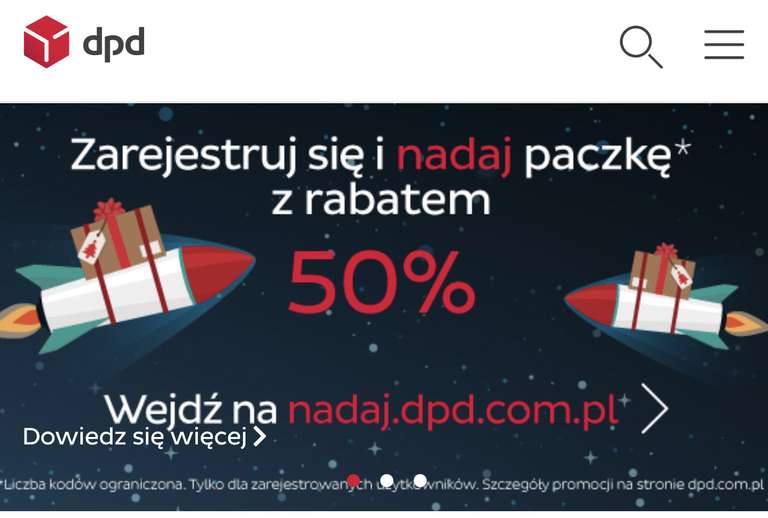 Rabat 50% na przesyłkę DPD po rejestracji na stronie nadaj.dpd.com.pl