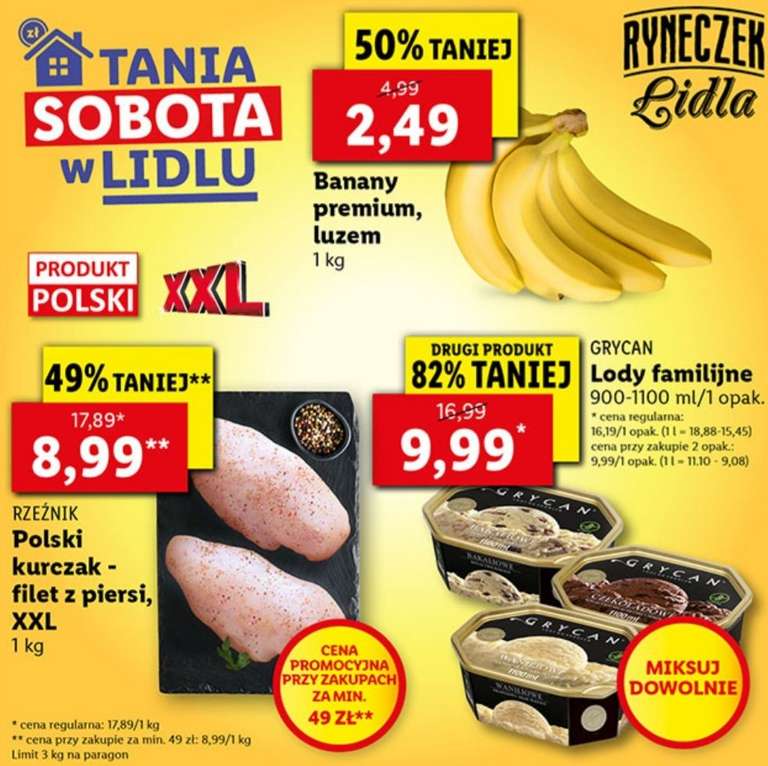 Banany Premium - 2,49 zł/kg, filet z piersi kurczaka - 8,99 zł/kg, lody familijne Grycan - 9,99 zł - Tania Sobota w Lidlu