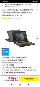 Laptop ASUS Tuf Gaming F15 15.6" IPS 144Hz i5-11400H 16GB SSD 512GB RTX 3050 Windows 10 Home (możliwe 3825,74 zł)